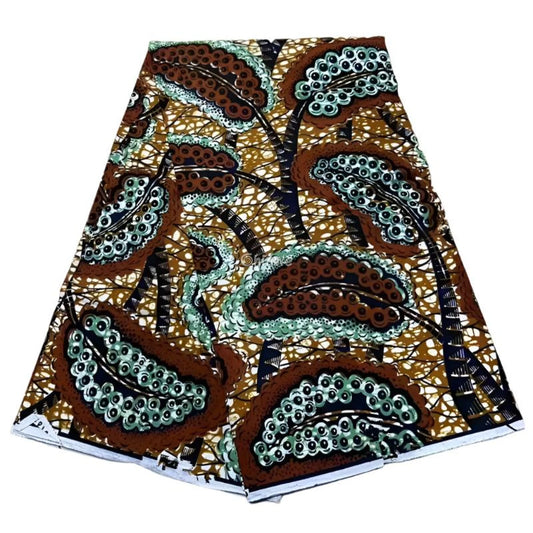 Brown and Green Ankara Fabric with Geometric Paisley Design