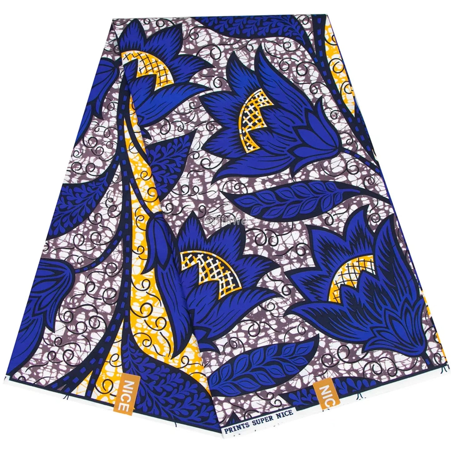 Deep Blue Ankara Wax Print Fabric with Golden Floral Accents