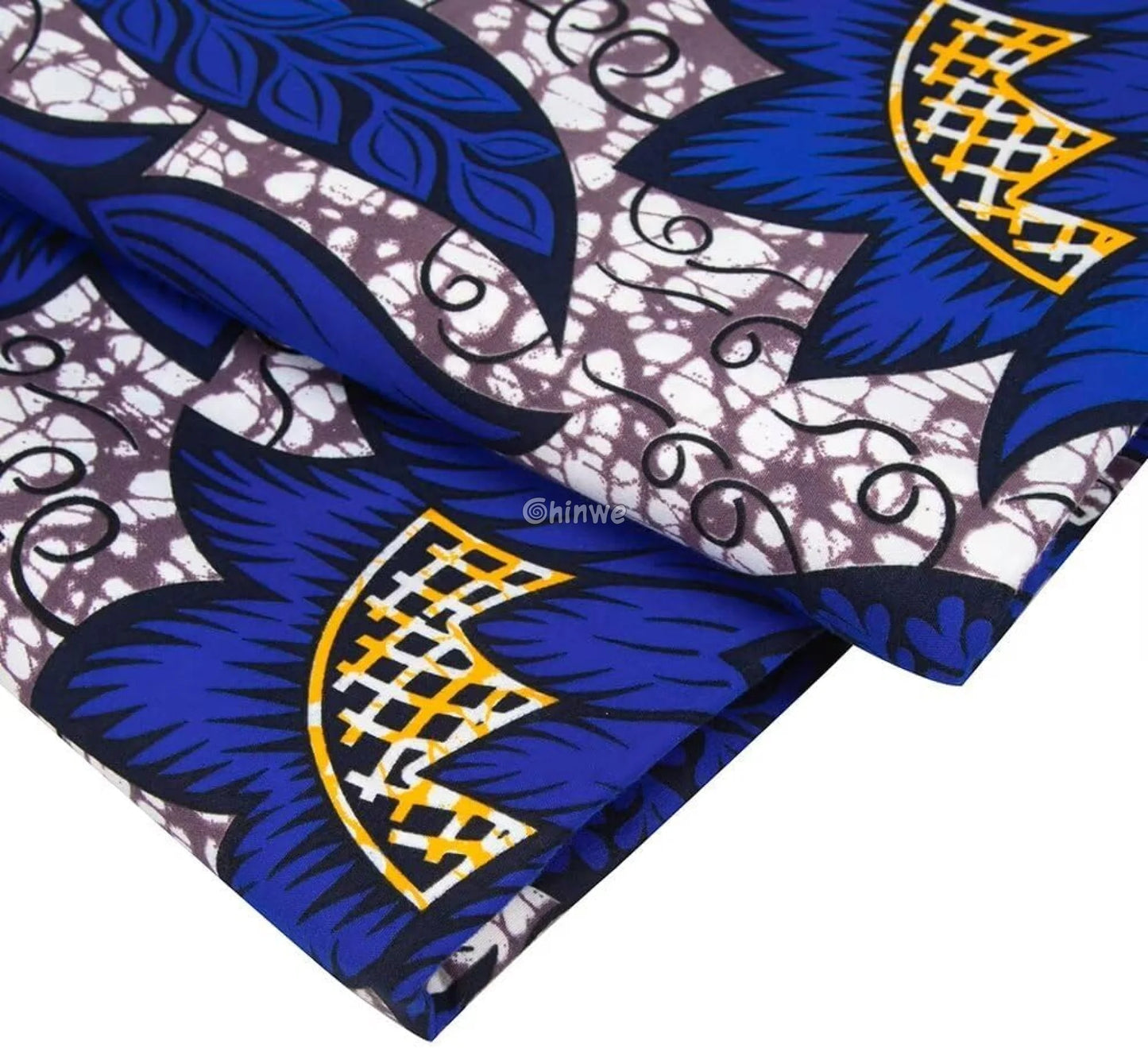 Deep Blue Ankara Wax Print Fabric with Golden Floral Accents