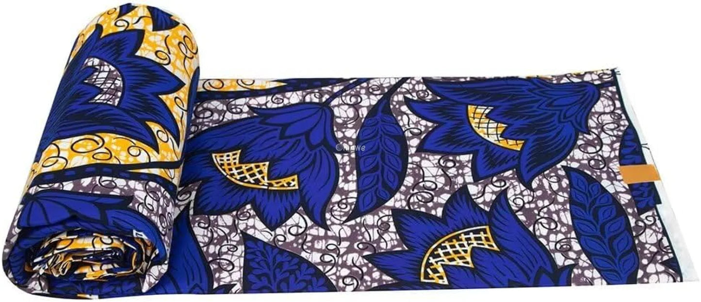 Deep Blue Ankara Wax Print Fabric with Golden Floral Accents