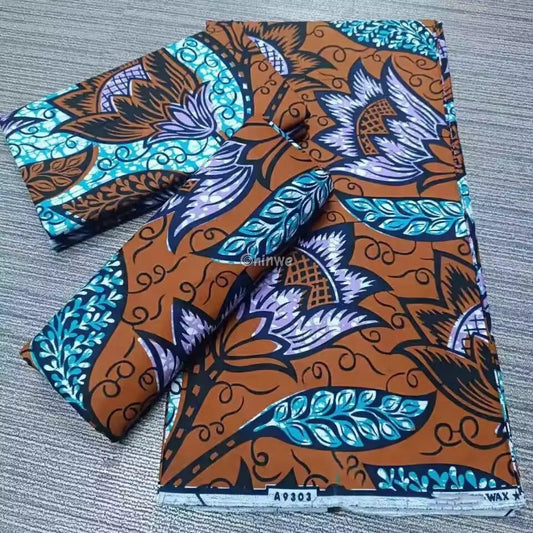Earthy Floral Ankara Fabric with Blue and Purple Accents