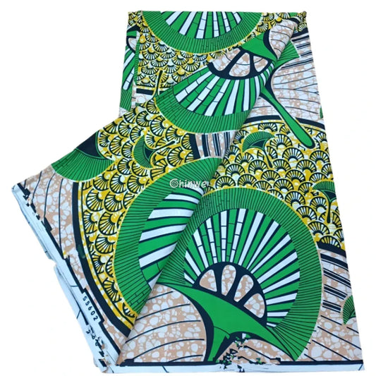 Emerald Sunrise Ankara – Green Yellow & Fan Motif African Wax Print - African Wax Print Fabric