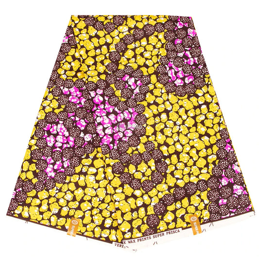 Floral Ankara Wax Print Fabric in Yellow and Purple