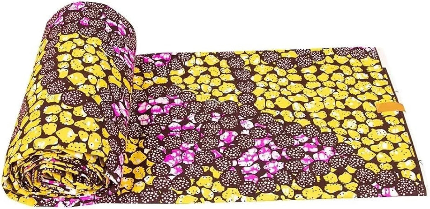 Floral Ankara Wax Print Fabric in Yellow and Purple