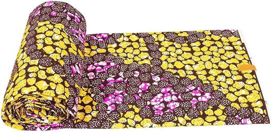 Floral Ankara Wax Print Fabric in Yellow and Purple