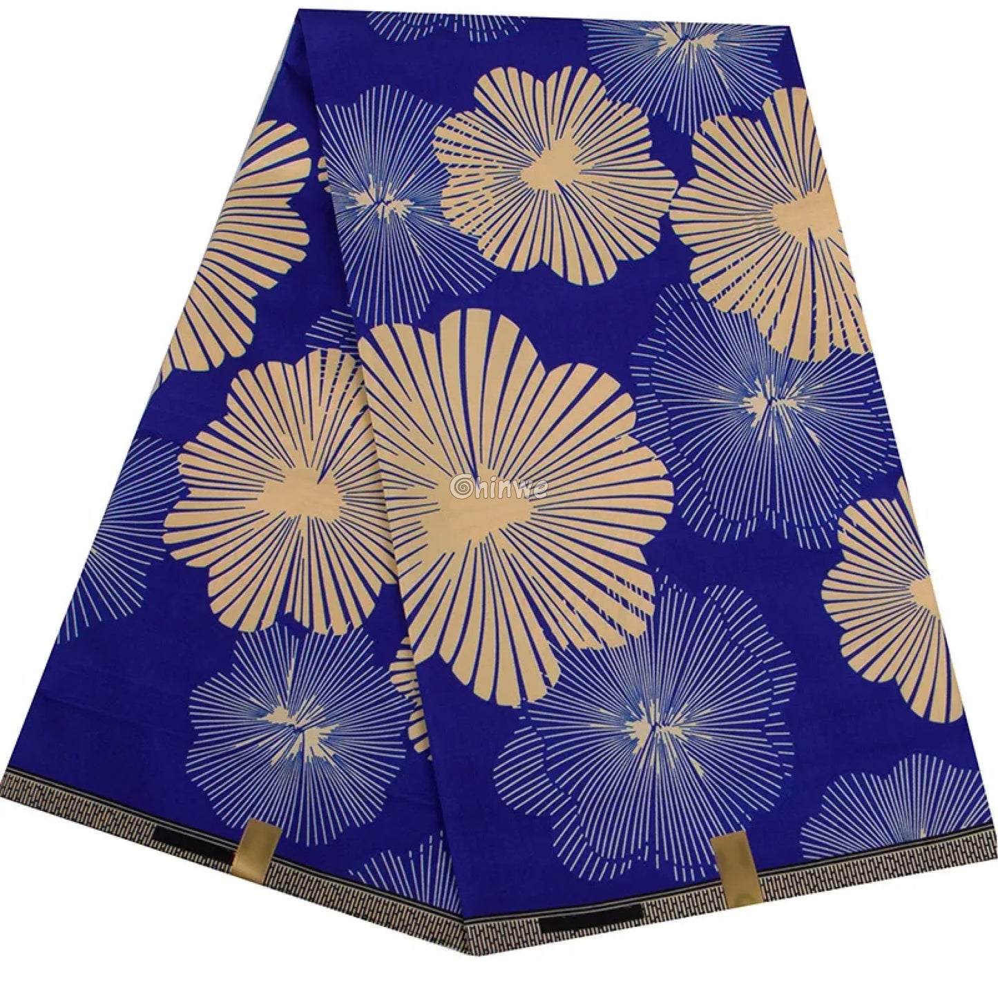Floral Blue and Beige Ankara Wax Print Fabric with Radiating Flower Design