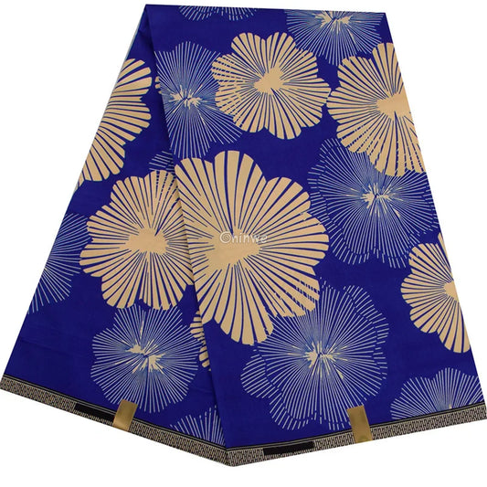 Floral Blue and Beige Ankara Wax Print Fabric with Radiating Flower Design