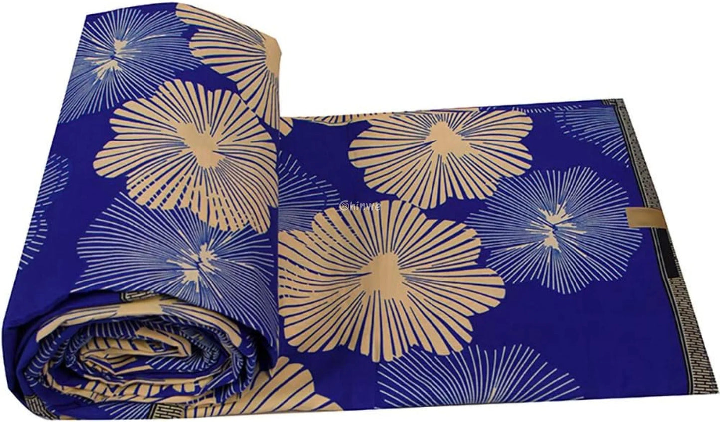 Floral Blue and Beige Ankara Wax Print Fabric with Radiating Flower Design