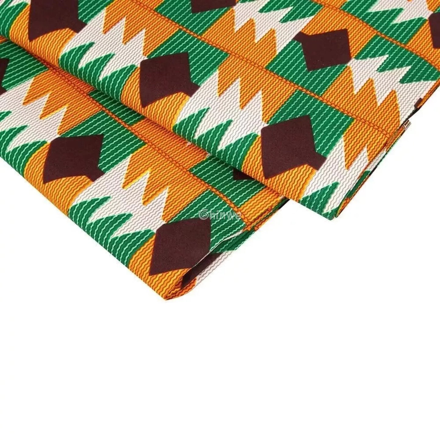 Geometric Ankara Wax Print Fabric with Green, Orange, and Brown Patterns