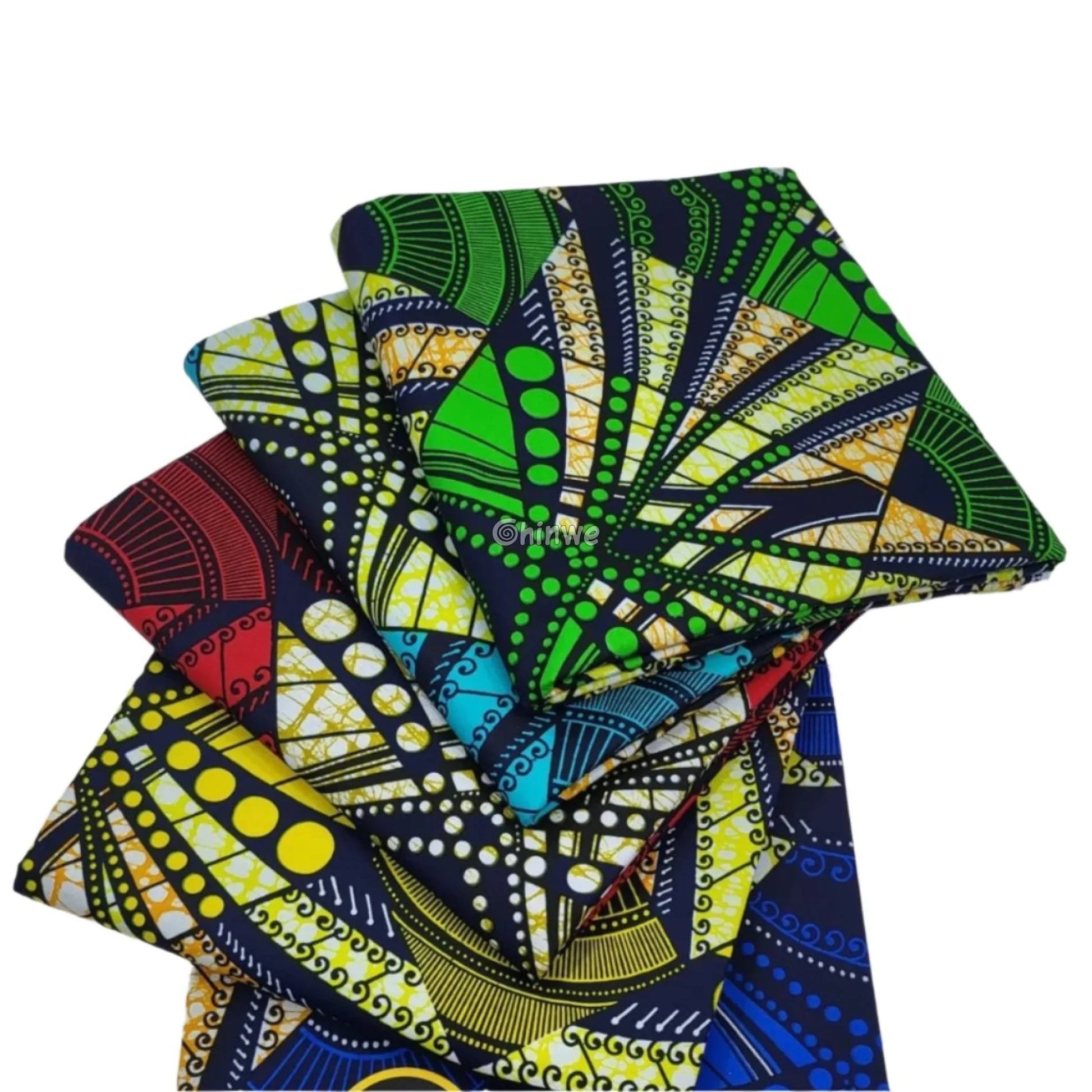 Green Geometric Ankara Fabric with Orange Accents