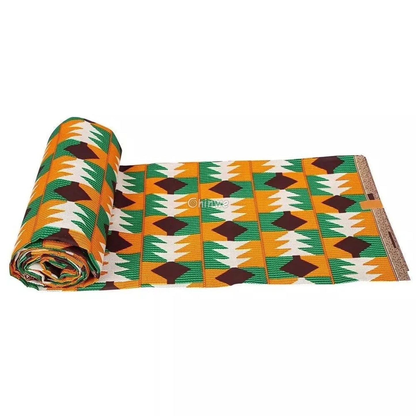 Geometric Ankara Wax Print Fabric with Green, Orange, and Brown Patterns