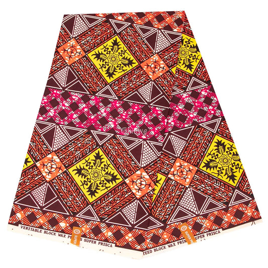 Geometric Ankara Wax Print Fabric with Floral Accents
