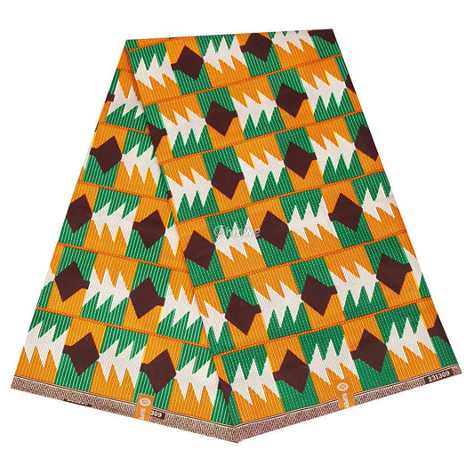 Geometric Ankara Wax Print Fabric with Green, Orange, and Brown Patterns