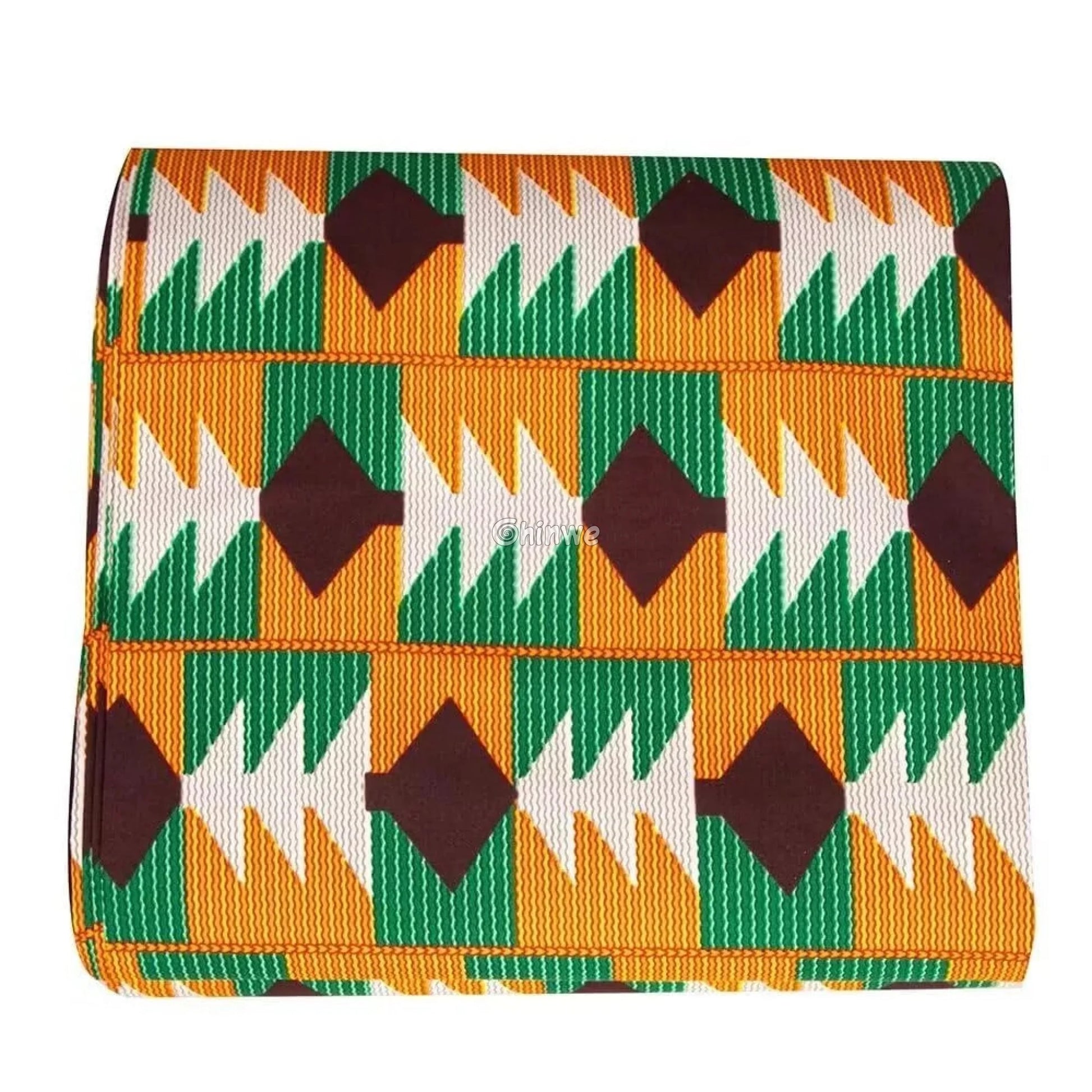 Geometric Ankara Wax Print Fabric with Green, Orange, and Brown Patterns