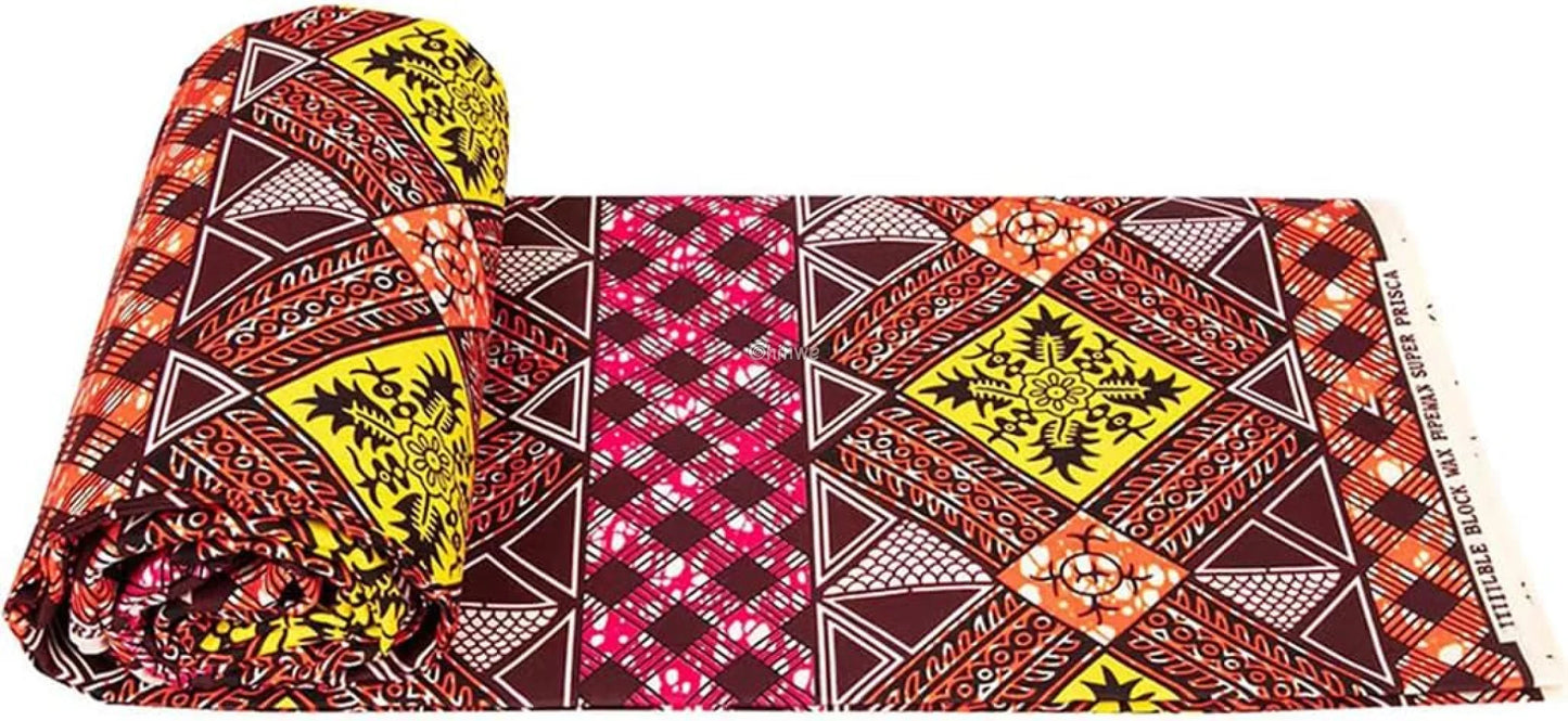 Geometric Ankara Wax Print Fabric with Floral Accents