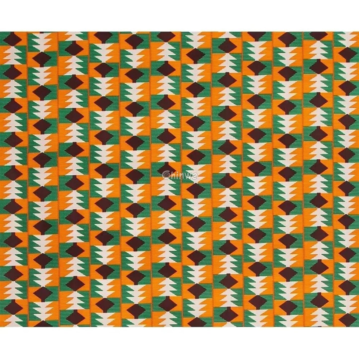 Geometric Ankara Wax Print Fabric with Green, Orange, and Brown Patterns