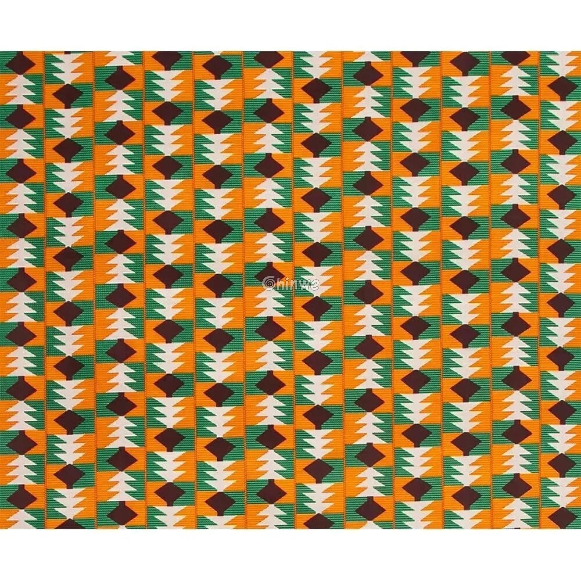 Geometric Ankara Wax Print Fabric with Green, Orange, and Brown Patterns