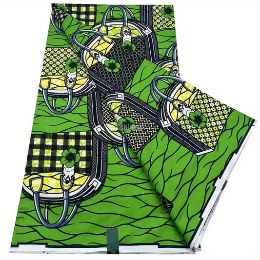 Green and Black Checkered Ankara Wax Print Fabric with Bag and Clover Design