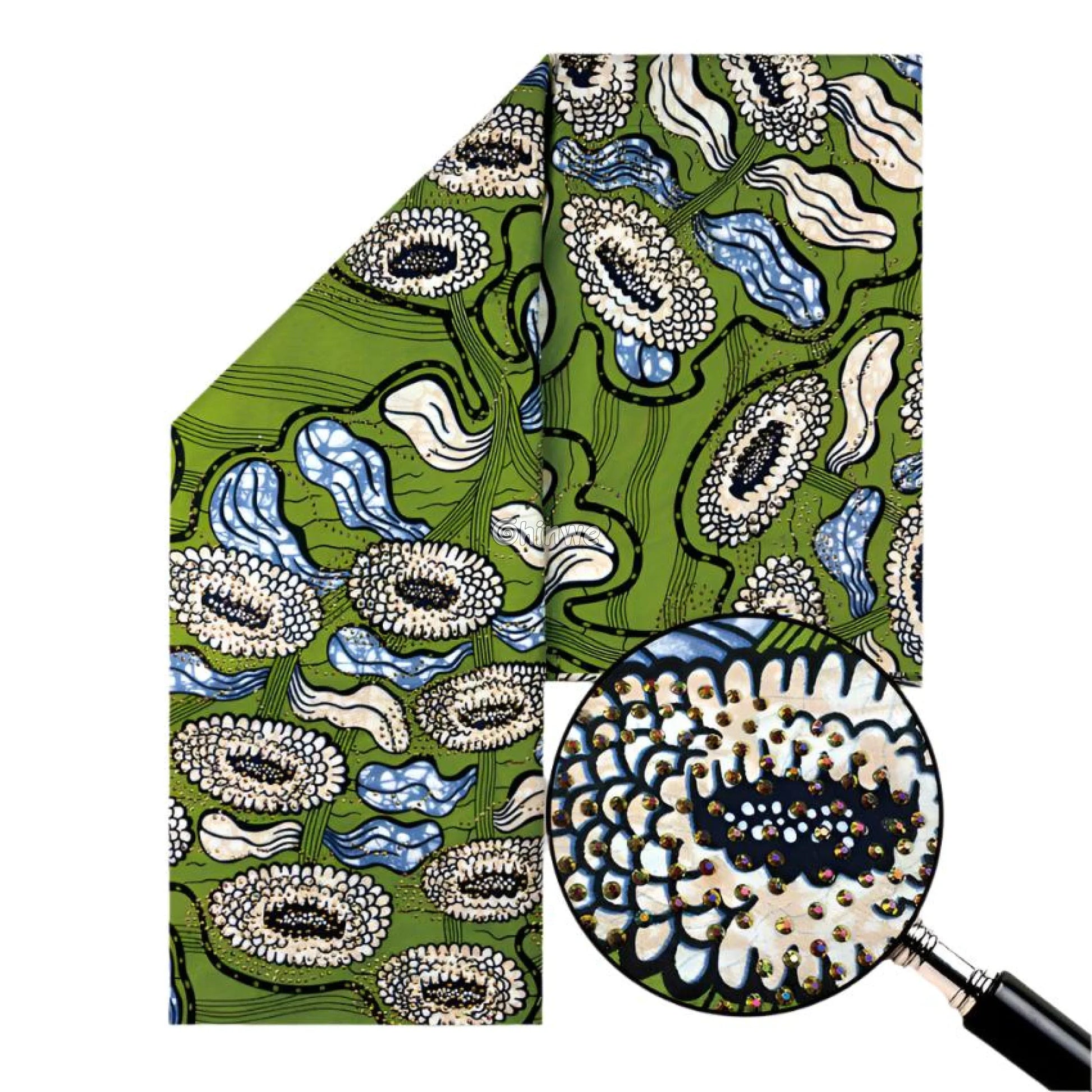 Green Floral Ankara Fabric with Sky Blue and Beige Accents