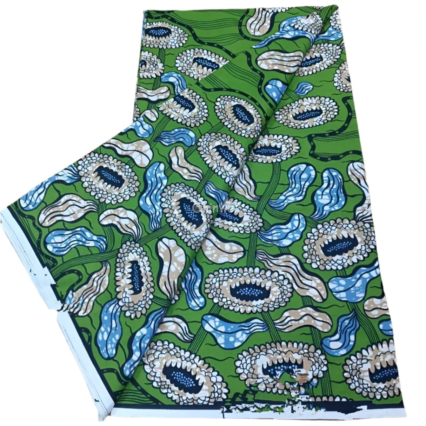 Green Floral Ankara Fabric with Sky Blue and Beige Accents