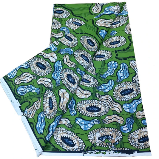 Green Floral Ankara Fabric with Sky Blue and Beige Accents