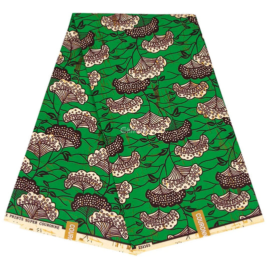 Green Floral Ankara Wax Print Fabric with Cream Blooms