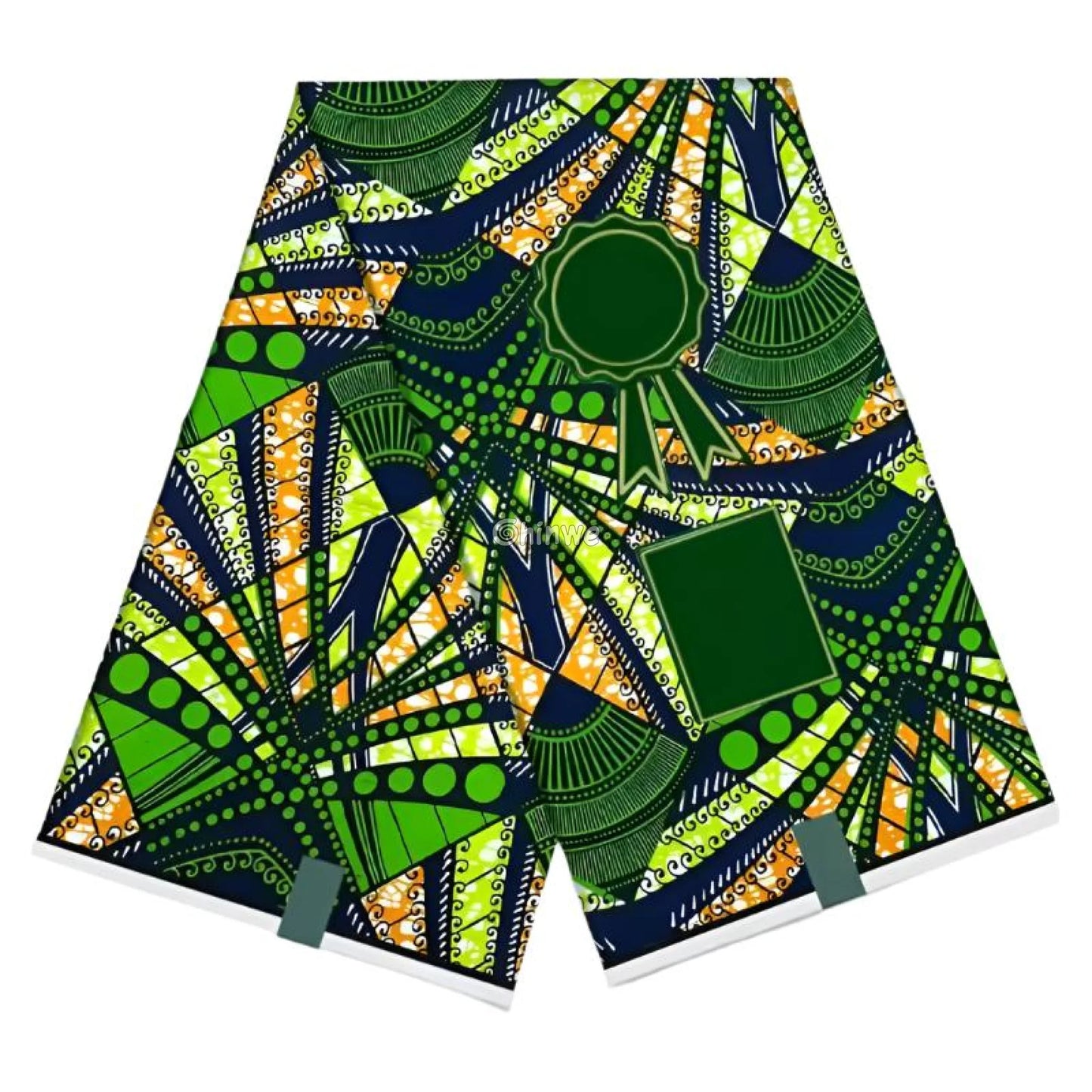 Green Geometric Ankara Fabric with Orange Accents