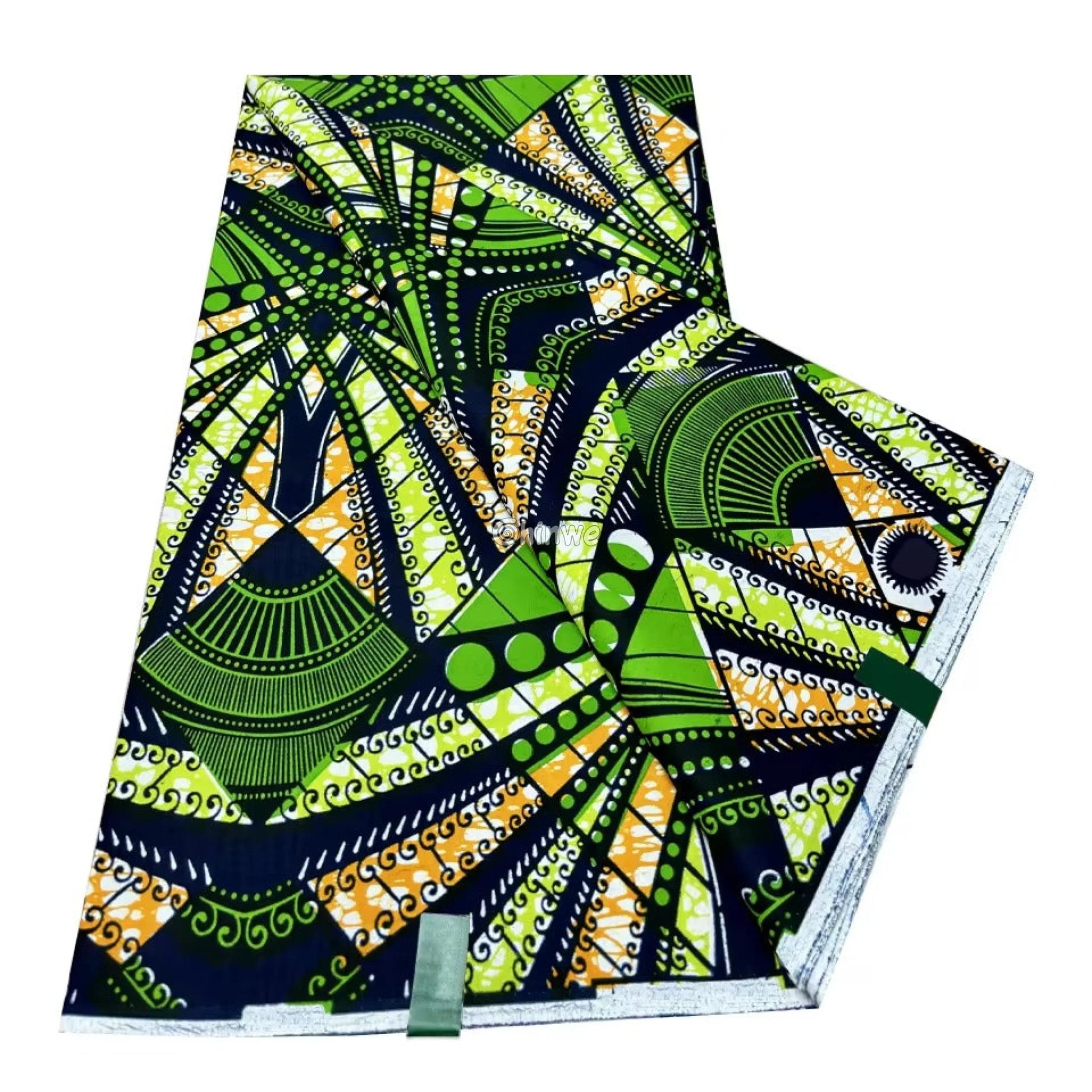 Green Geometric Ankara Fabric with Orange Accents