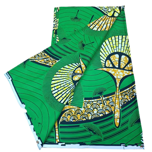 Green Sunburst Ankara Fabric with Bold Yellow Patterns