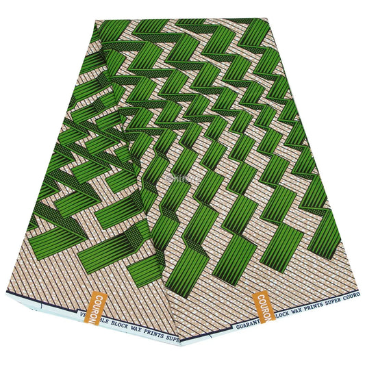 Green Zigzag Ankara Wax Print with Beige Striped Background