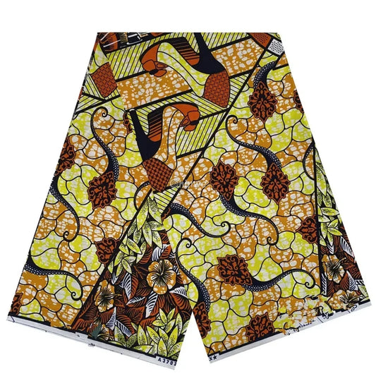 Green and Orange Floral Ankara Wax Print Fabric with Abstract Vine Design