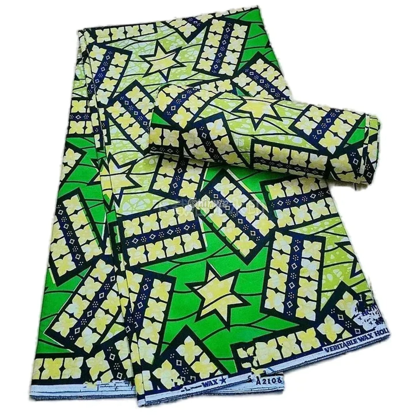 Green and Yellow Ankara Fabric with Star and Floral Patterns