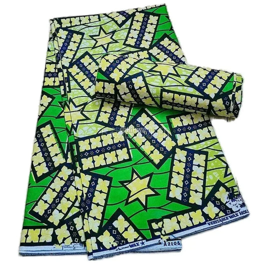 Green and Yellow Ankara Fabric with Star and Floral Patterns