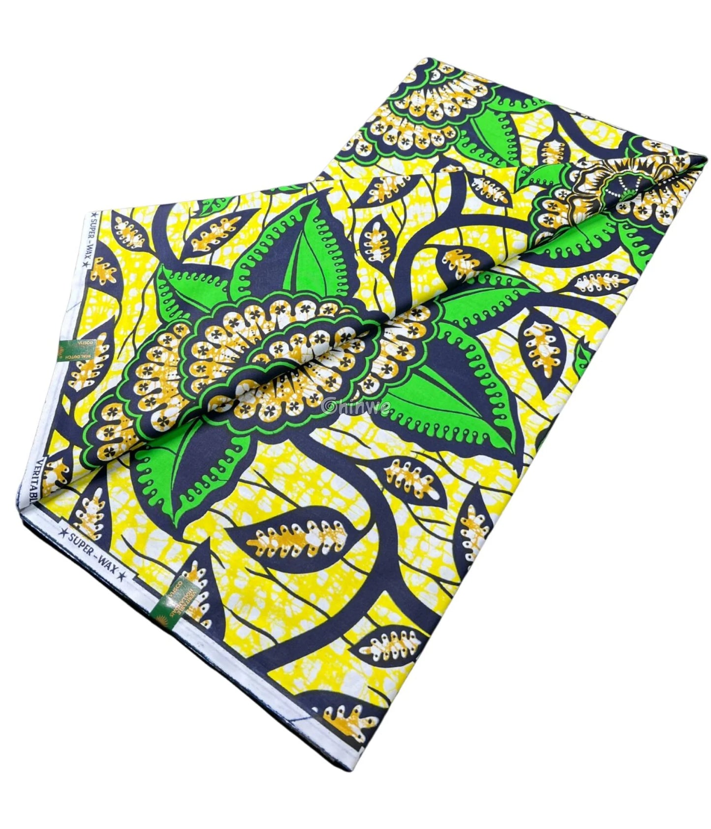 Green and Yellow Floral Ankara Fabric with Leaf Motifs
