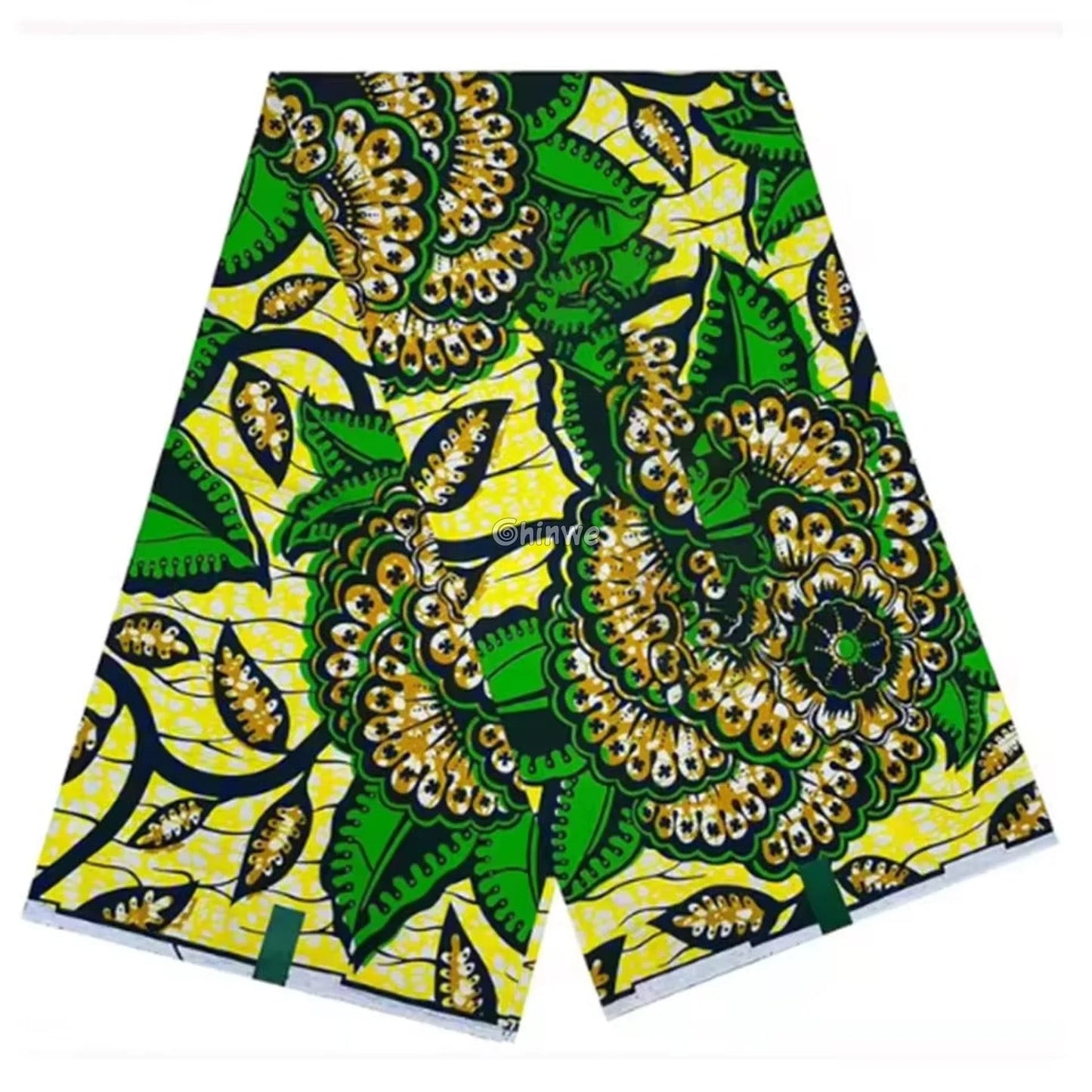 Green and Yellow Floral Ankara Fabric with Leaf Motifs