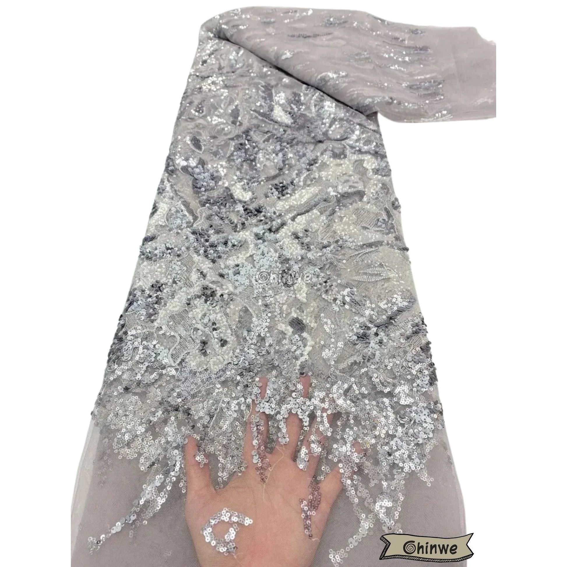 Silver & Lilac Gray Swirl Floral Vine Sequined Sheer Mesh Lace Embroidery Print Fabric Silver & Lilac Gray Swirl Sequin