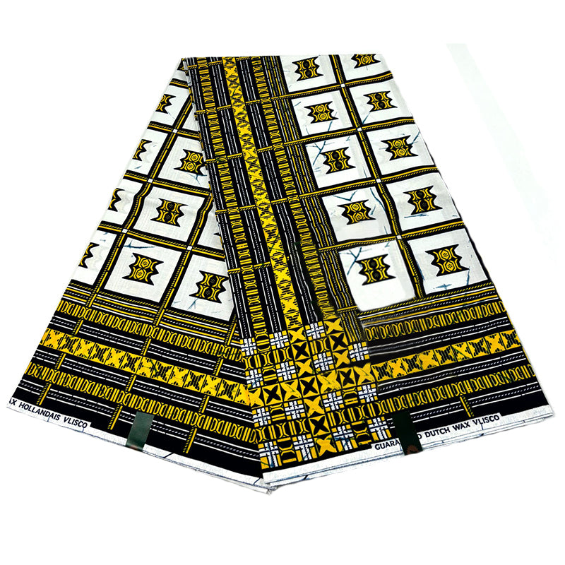White & Gold Window Ankara Wax Print Fabric – Navy & Yellow Border, 100% Cotton