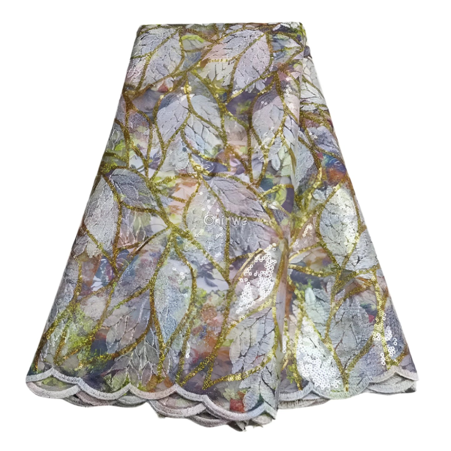 Sheer Mesh Sequin Lace with Leaf Motif Print & Metallic Embellishment Fabric Lace