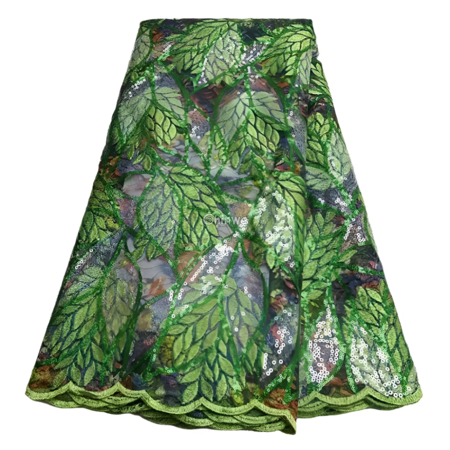 Sheer Mesh Sequin Lace with Leaf Motif Print & Metallic Embellishment Fabric Lace