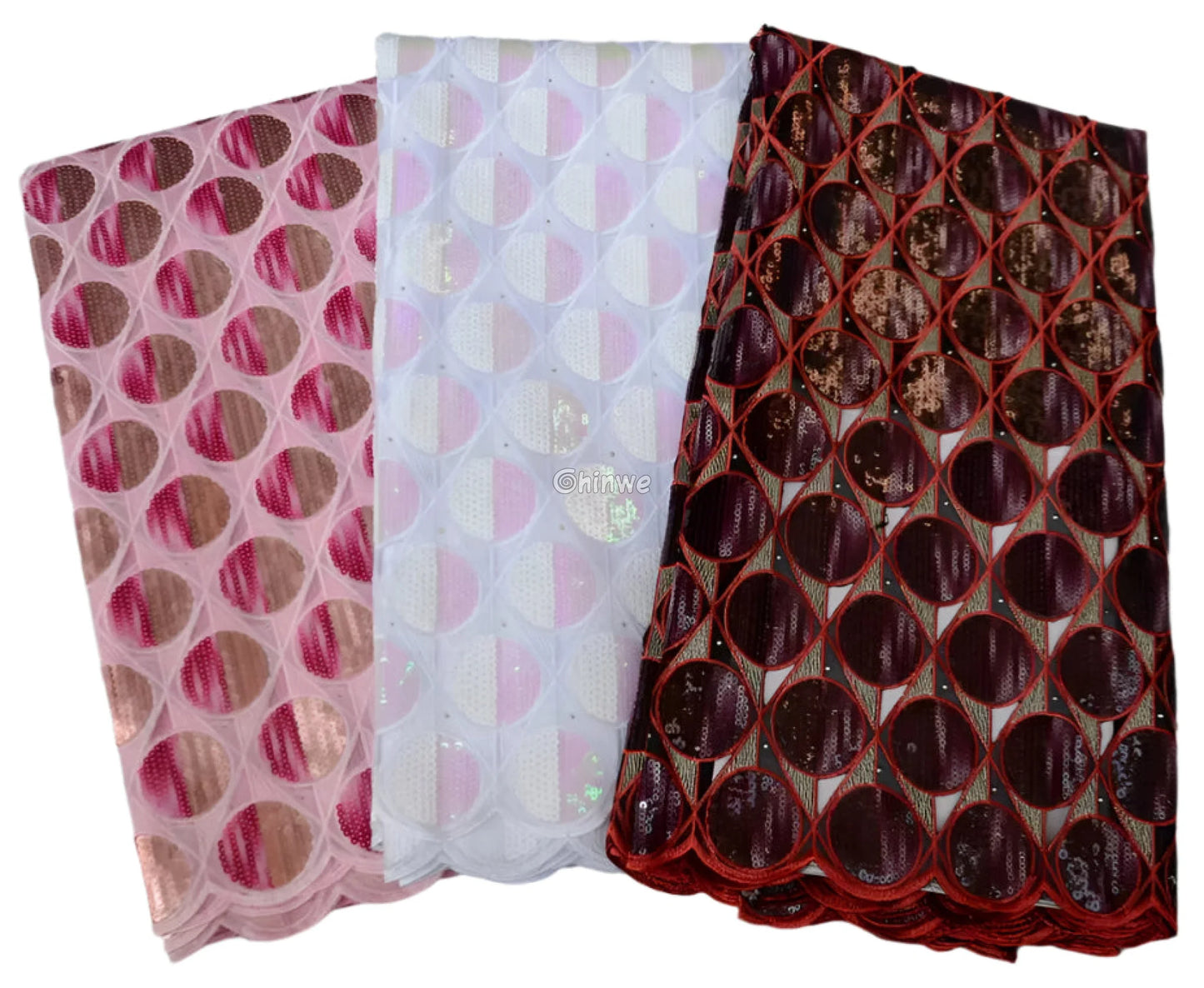 Embroidered Sequined Rose Pink & Champagne Circle Lattice Mesh Print Fabric Lace