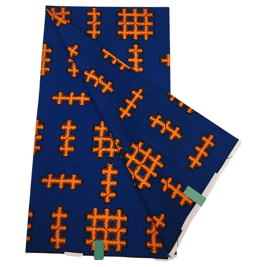 Navy & Orange Grid Ankara Wax Print Fabric, 100% Cotton