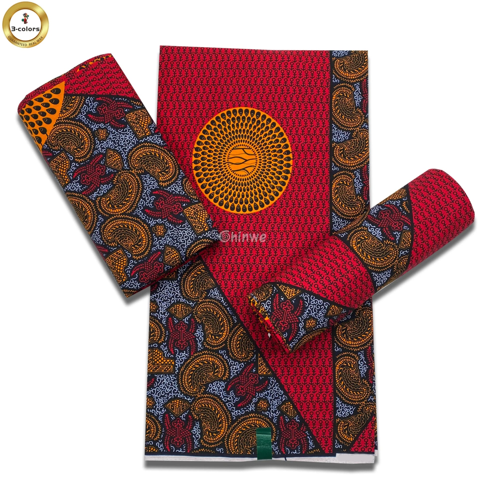 Regal Sunburst Paisley Fabric – Red and Yellow Ankara Wax Print with Intricate Detail 6 Yards African Wax Print Fabric