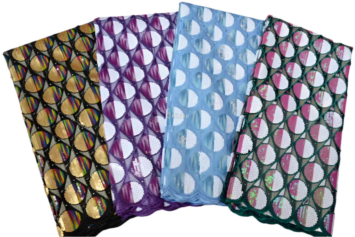 Embroidered Sequined Rose Pink & Champagne Circle Lattice Mesh Print Fabric Lace