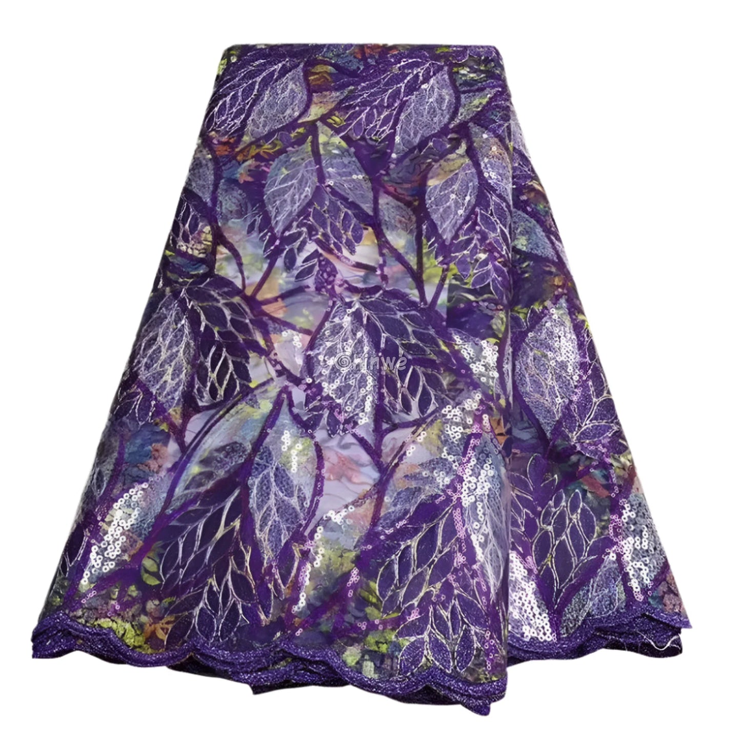 Sheer Mesh Sequin Lace with Leaf Motif Print & Metallic Embellishment Fabric Lace