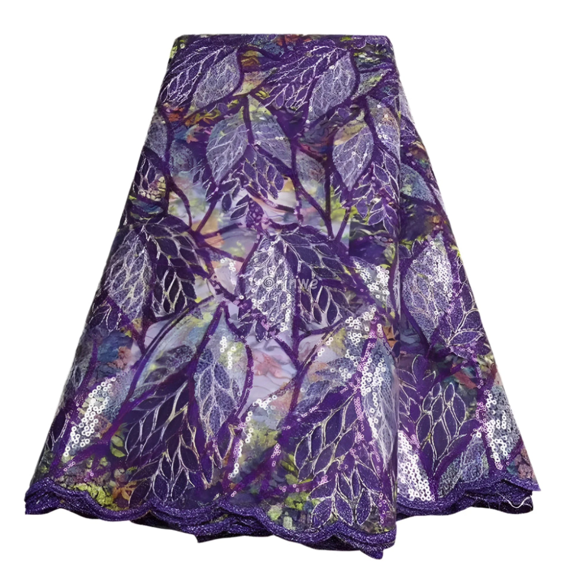 Sheer Mesh Sequin Lace with Leaf Motif Print & Metallic Embellishment Fabric Lace