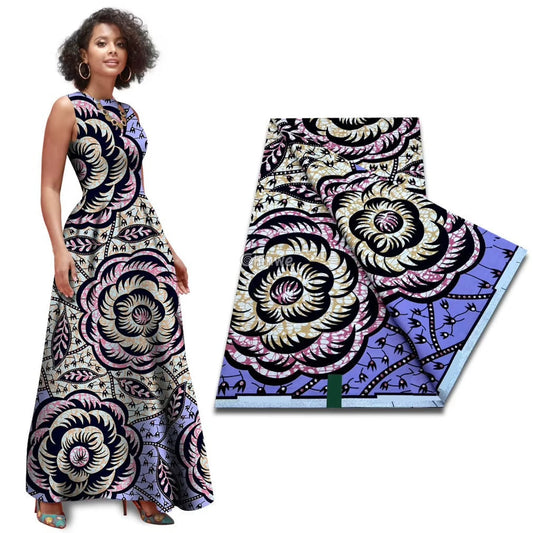 Lavender Wax Print with Oversized Rose Spiral & Petal Vine Motif in Beige Black & Pink Accents Lavender Rose Spiral &