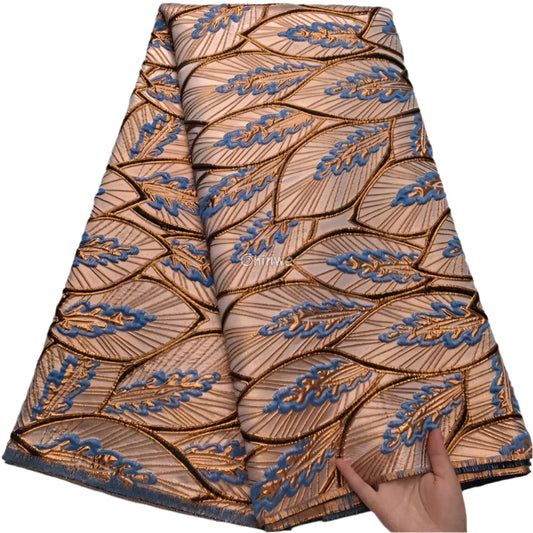 Jacquard Brocade Lace with Leaf Vein Embroidery & Satin Shine in Multitone Layered Finish Copper Bronze & Periwinkle