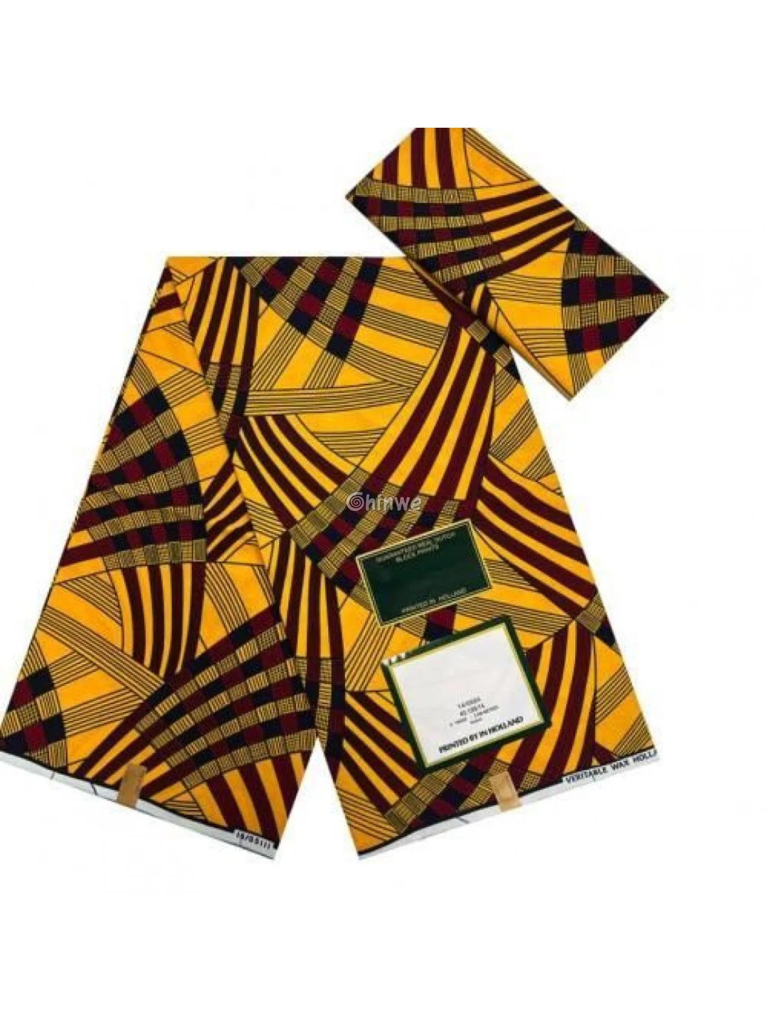 Mustard Yellow & Burgundy Abstract Geometric Stripe Ankara Wax Print Fabric with Checker Motif 6 yards cotton