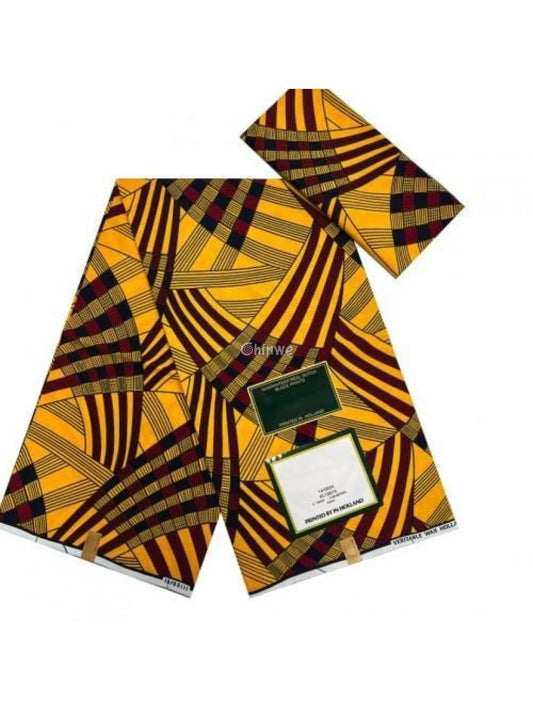 Mustard Yellow & Burgundy Abstract Geometric Stripe Ankara Wax Print Fabric with Checker Motif 6 yards cotton