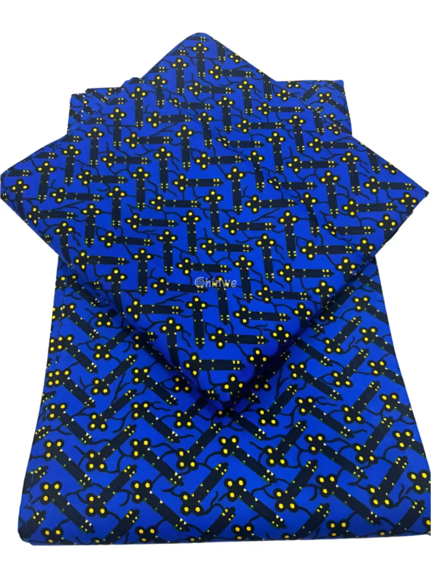 Cobalt Blue & Black Bar and Orange Dot Ankara Wax Print Fabric 6 yards cotton